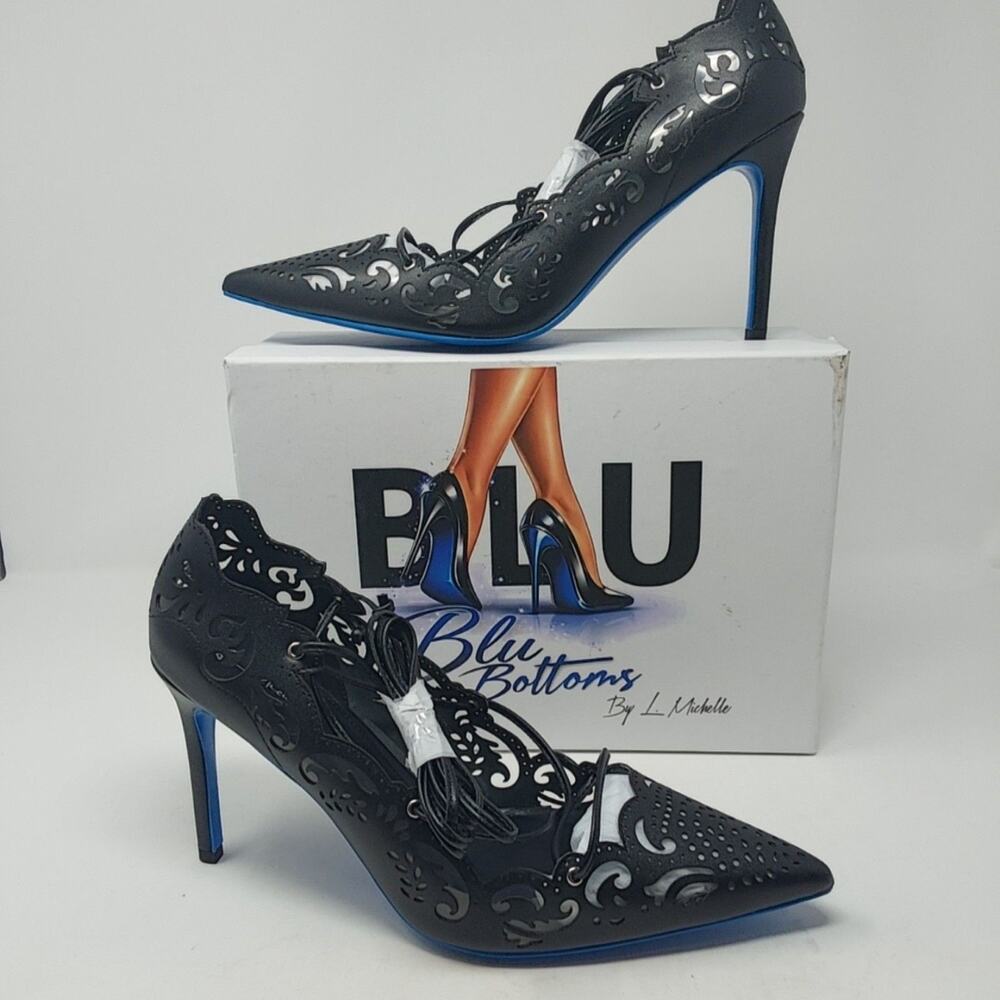 L Michelle Shoes Womens Size 12 Black Blu Bottoms Lace Up Pointed Toe Pumps